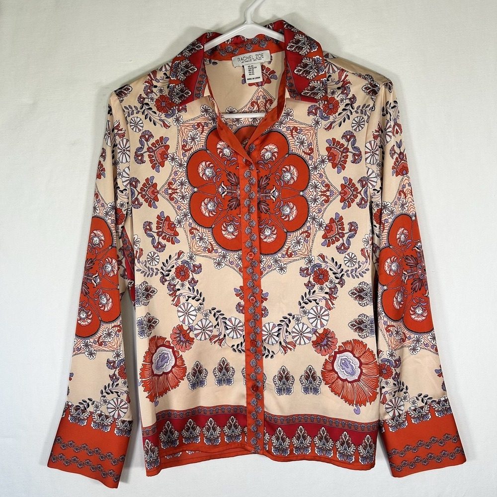 Rachel Zoe Long Sleeve Blouse Top Red Floral Paisley Cream Button Front Sz XS
